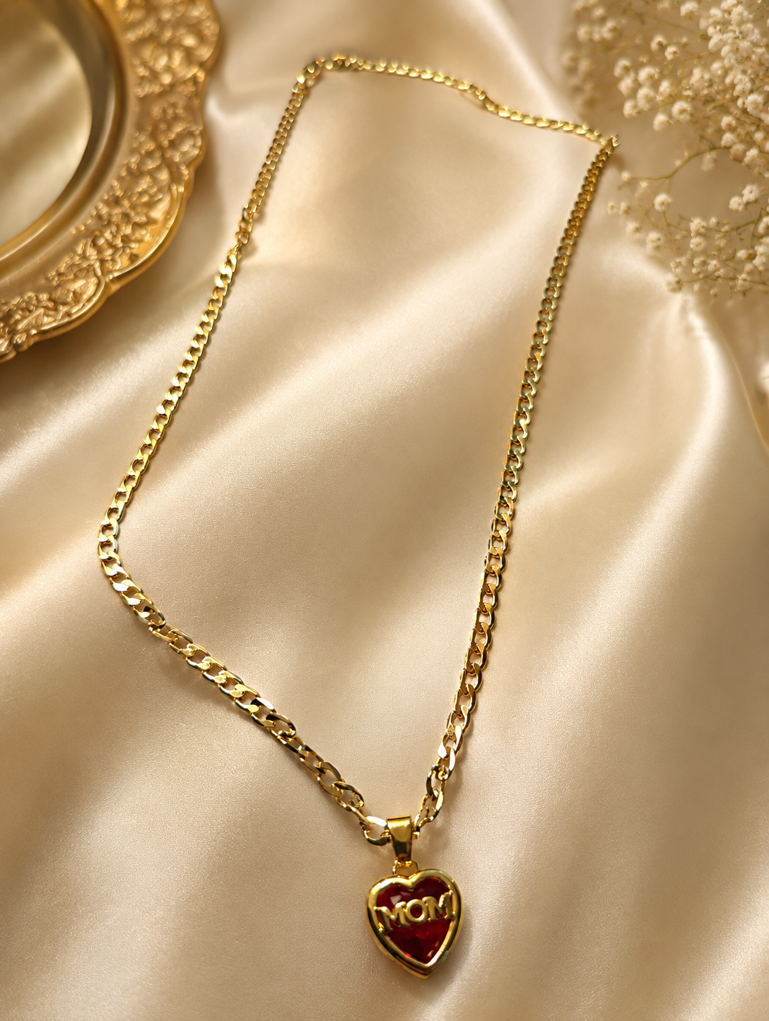 Gold MOM Heart Pendant Necklace – Red Enamel Heart Gift for Mom