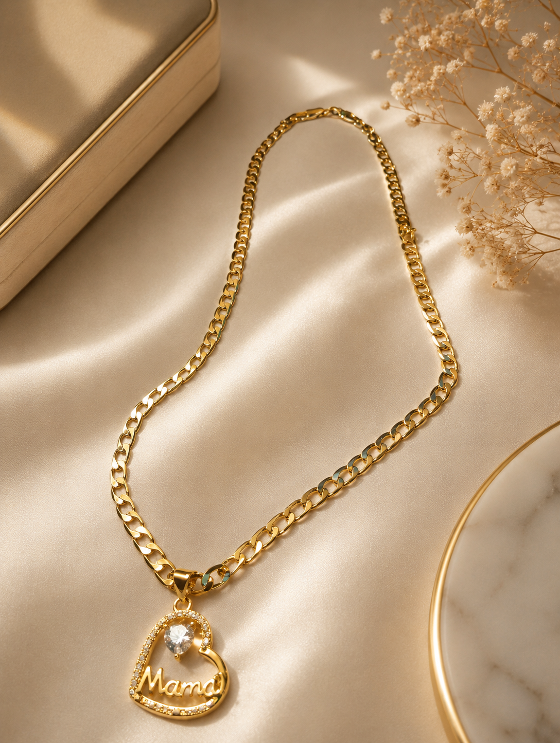 Gold Mama Heart Crystal Pendant Necklace – Open Heart Cuban Link Chain Gift for Mom