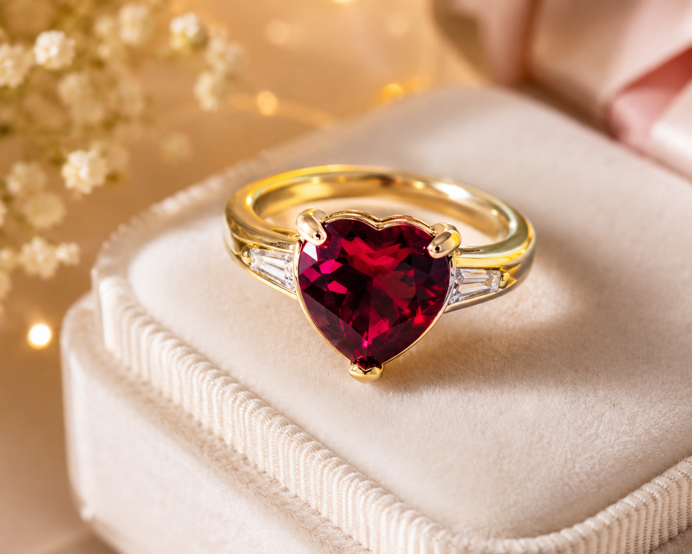 Gold Crimson Heart Ring – Deep Red Gemstone Crystal Statement Ring size 6