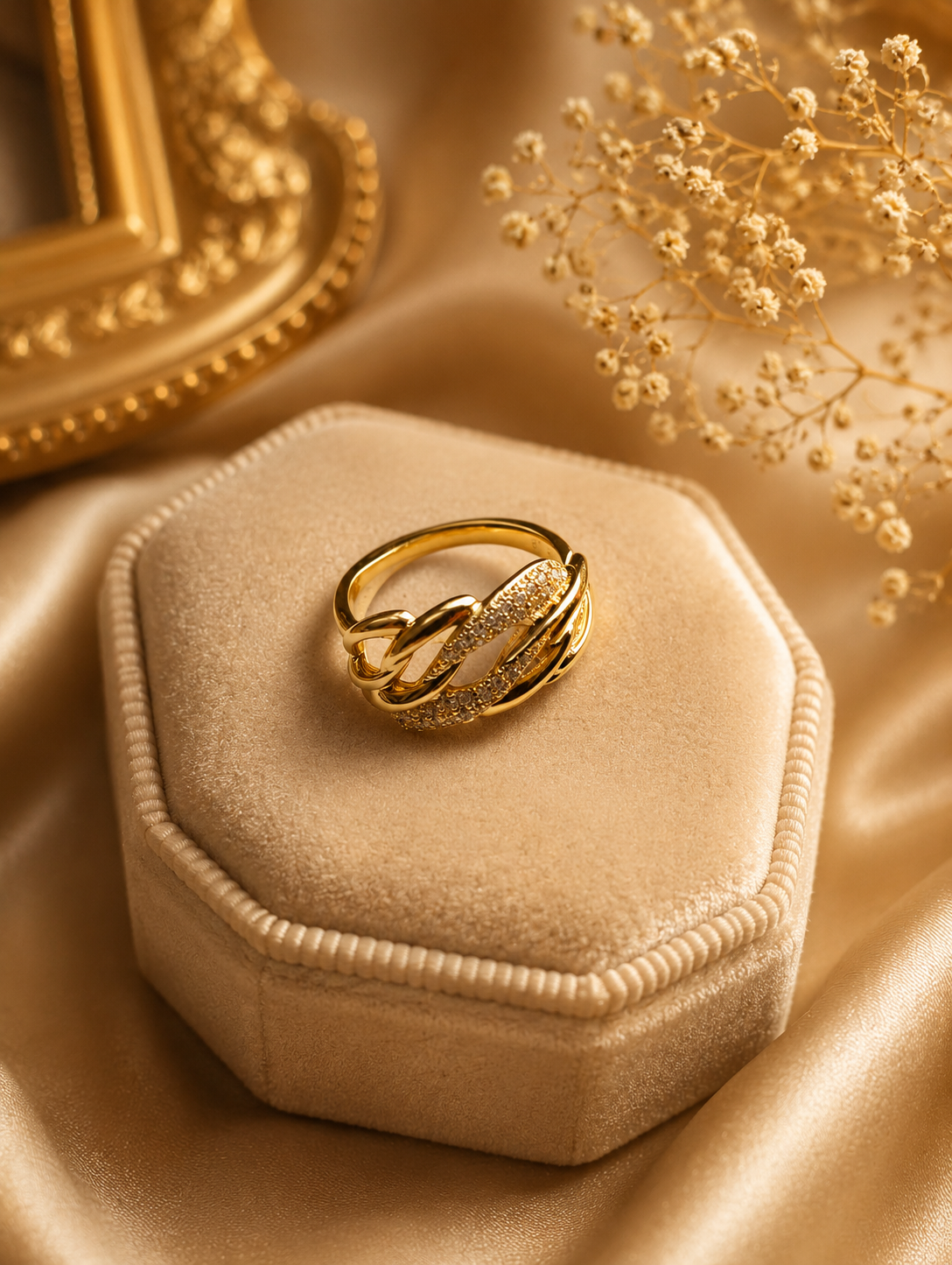 Gold Twisted Rope Pavé Ring – Bold Crystal Accent Statement Ring size 6