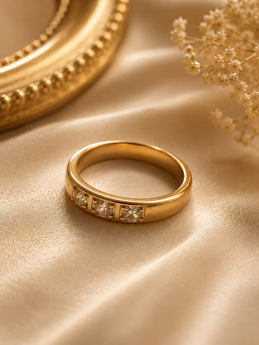 Gold Three Stone Crystal Band Ring – Channel Set Statement Ring size 7