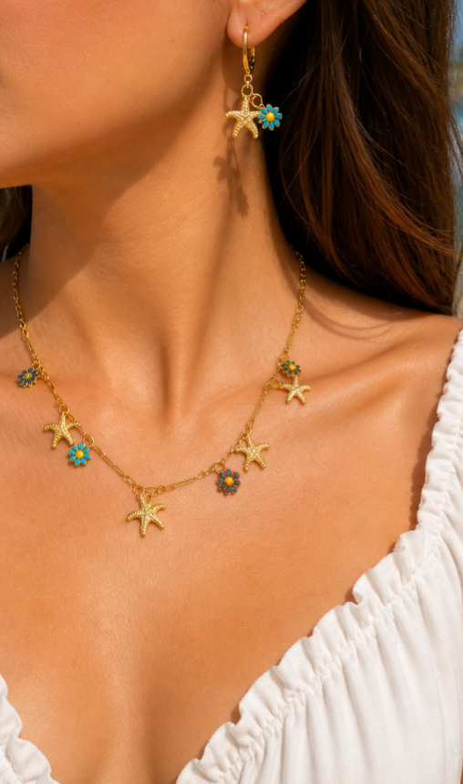 Colorful Starfish Jewelry Set – Gold Beach Necklace & Matching Earrings