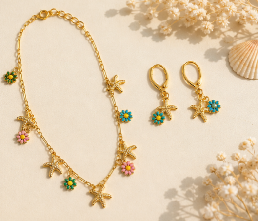 Colorful Starfish Jewelry Set – Gold Beach Necklace & Matching Earrings