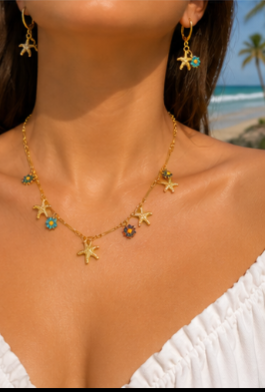Colorful Starfish Jewelry Set – Gold Beach Necklace & Matching Earrings