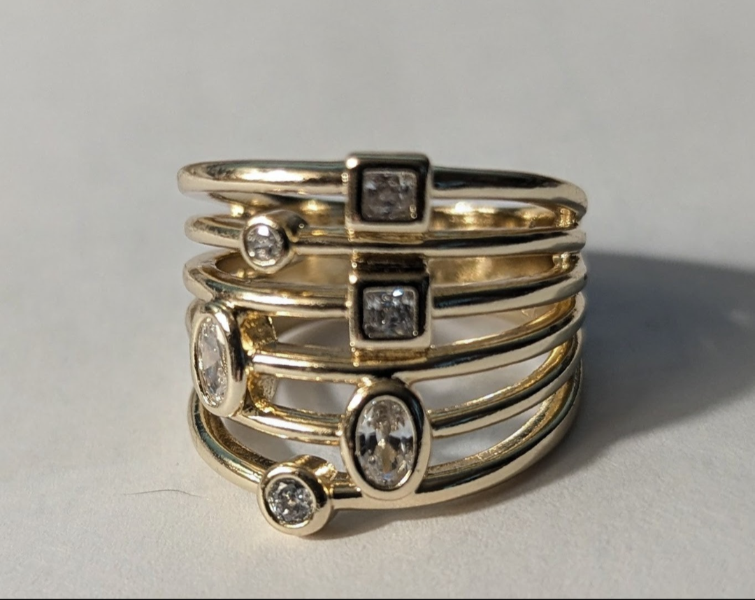 Gold Multi-Layer Crystal Wrap Ring – Open Band Stacking Statement Ring size 7