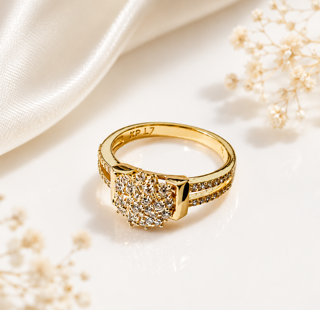 Gold Pavé Cluster Ring – Crystal Flower Bouquet Statement Ring size 7