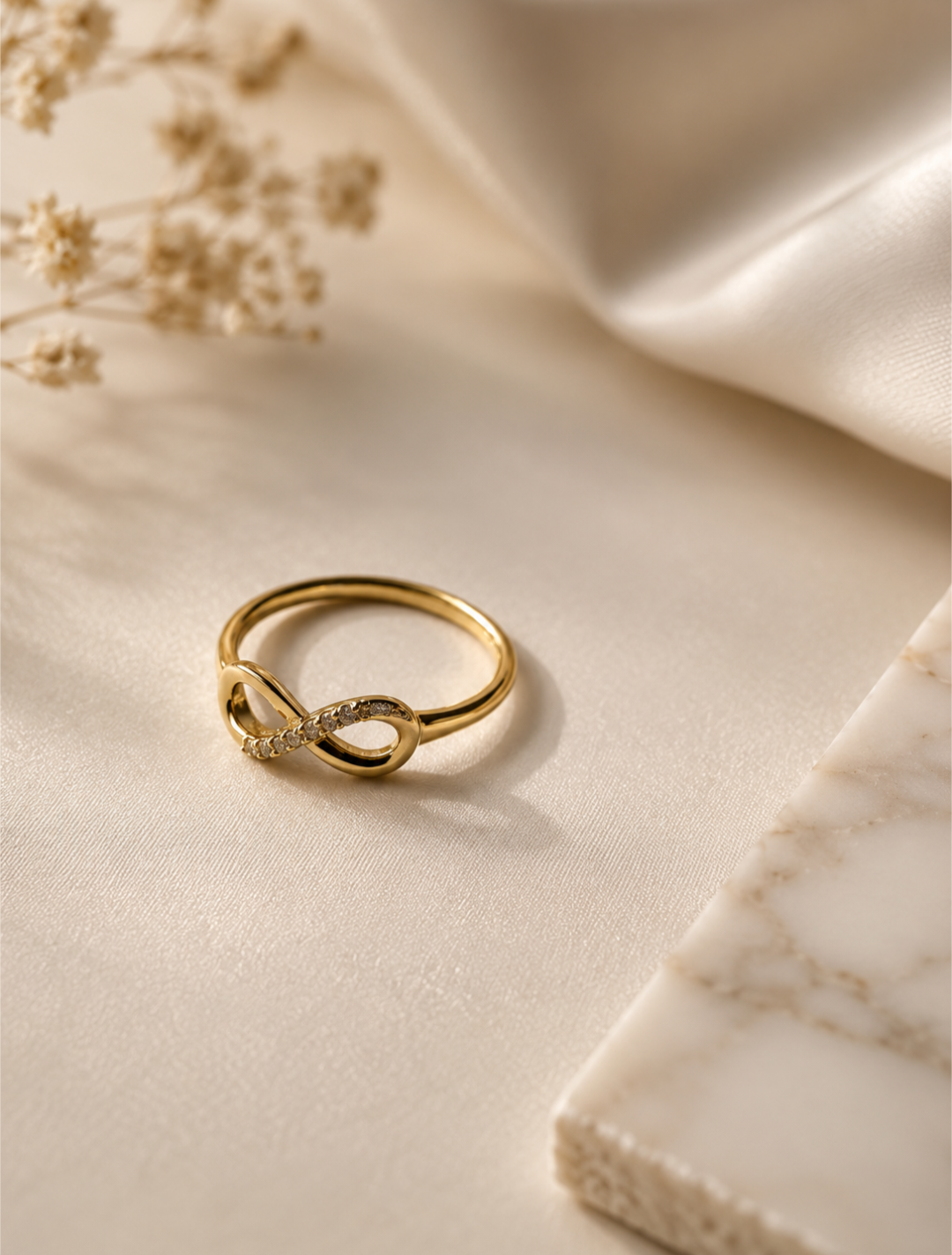 Gold Infinity Knot Ring – Dainty Crystal Accent Stackable Ring size 8