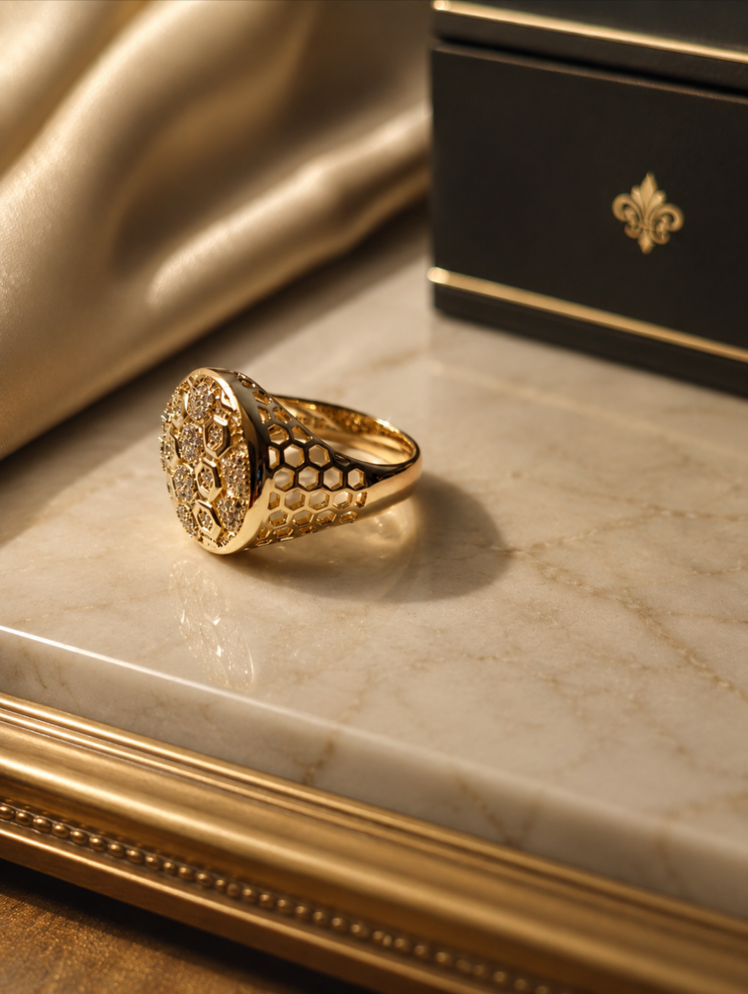 Gold Honeycomb Signet Ring – Crystal Pavé Cluster Statement Ring size 9