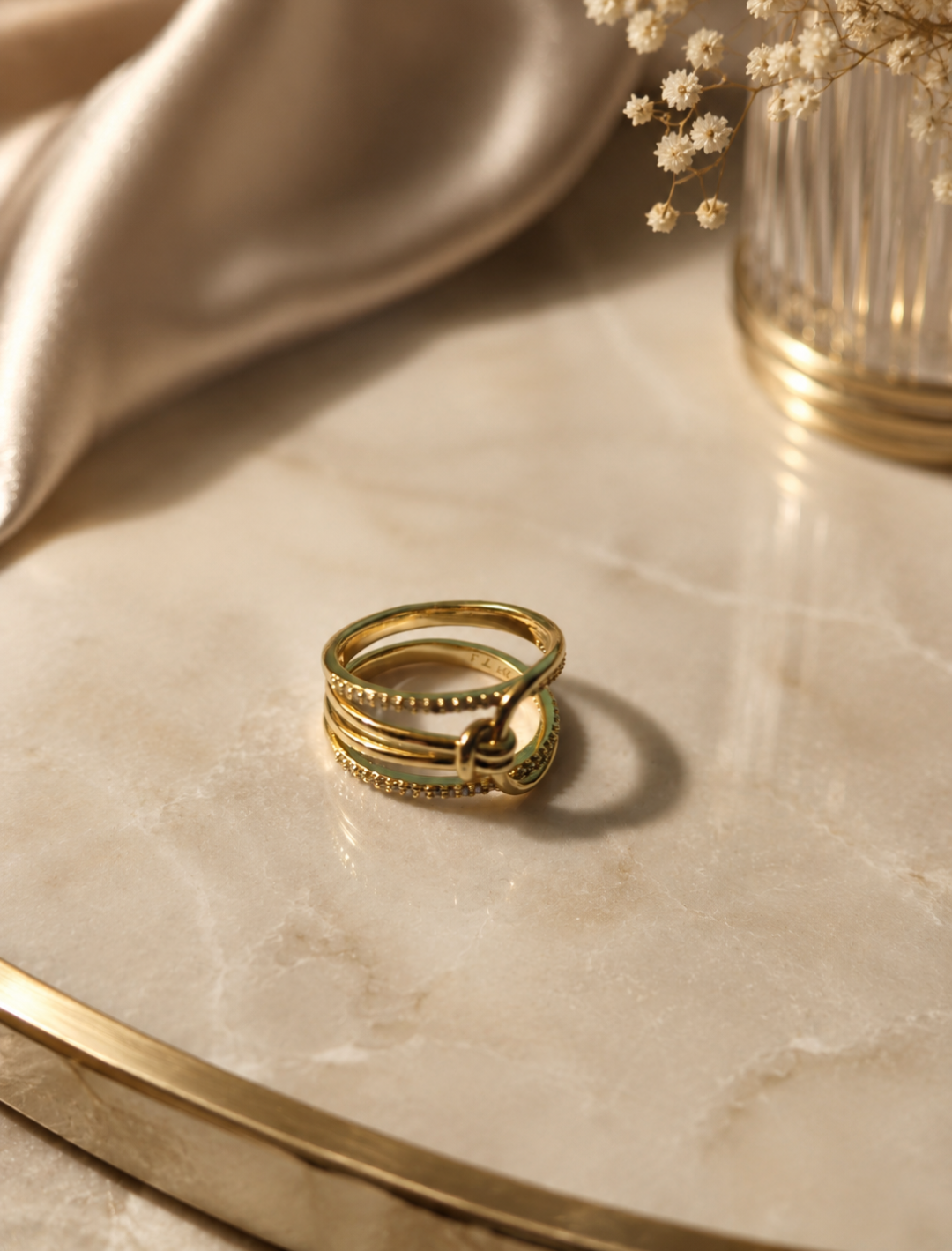 Gold Multi-Band Ring – Layered Crystal Pavé Ring with Orb Detail size 7