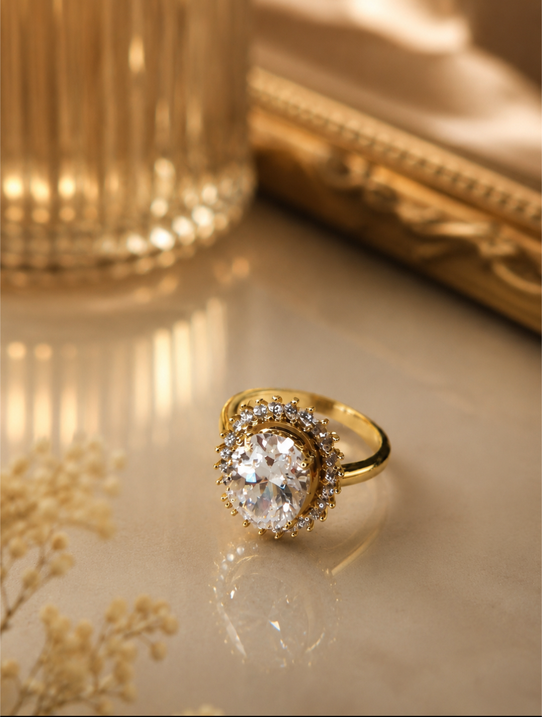 Gold Oval Halo Crystal Ring – Large Center Stone Statement Ring size 6