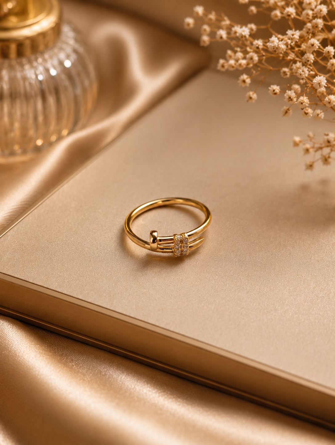 Gold Nail Ring – Double Band Pavé Crystal Minimalist Statement Ring size 6