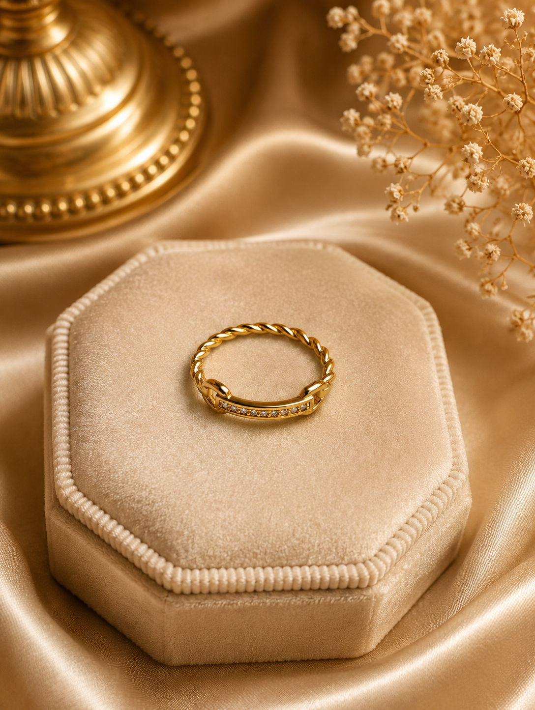 Gold Twisted Rope Ring – Dainty Pavé Crystal Link Stackable Ring size 7