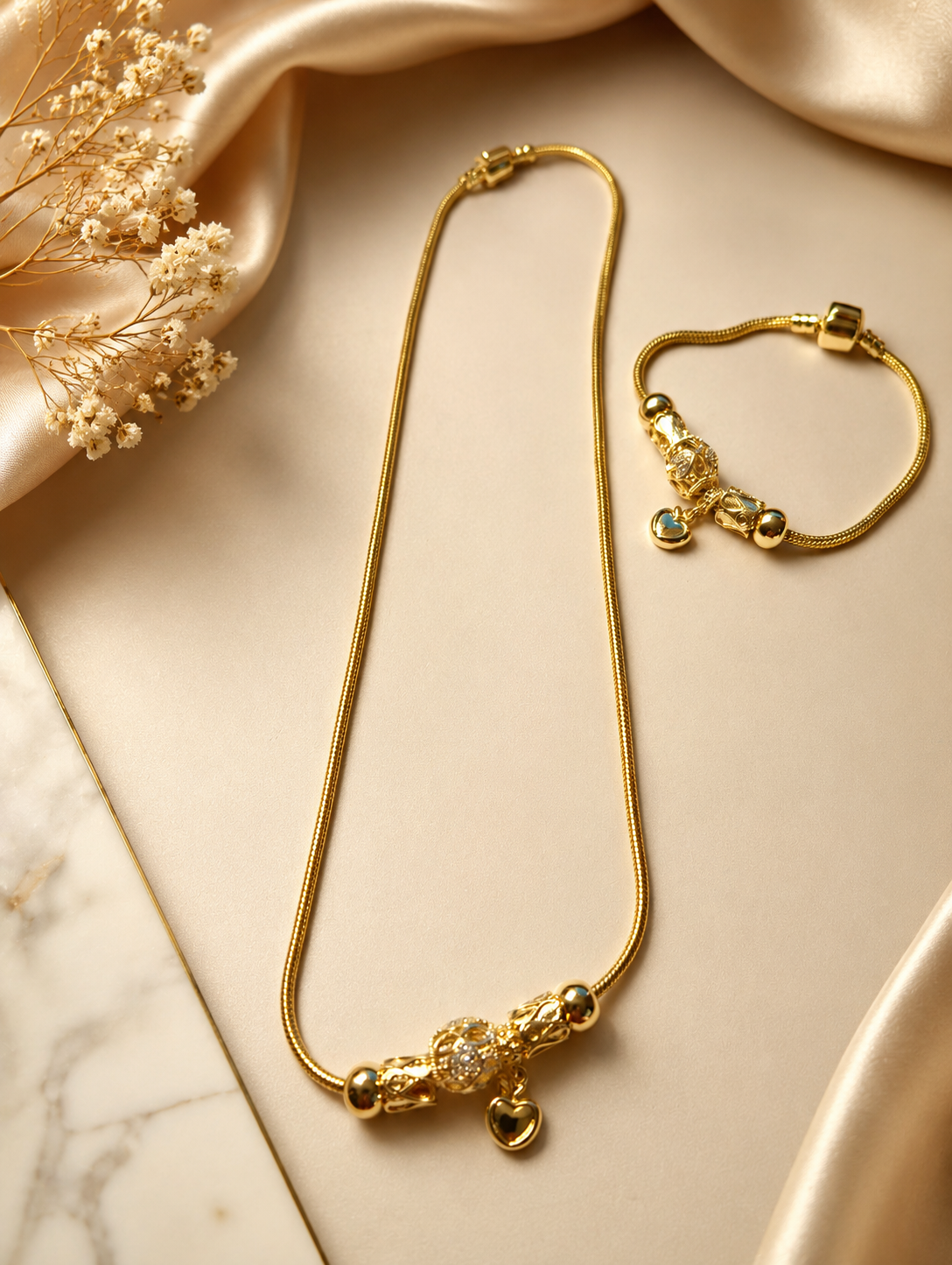 Gold Pixiu Lucky Charm Necklace & Bracelet Set – Snake Chain Crystal Heart Jewelry Set
