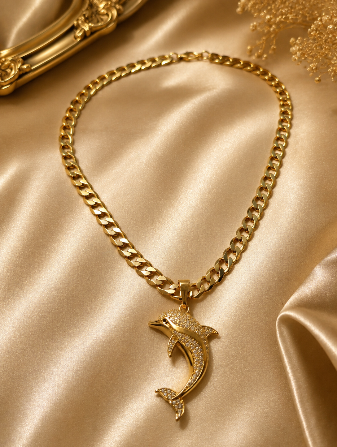 Gold Pavé Crystal Dolphin Pendant Necklace – Ocean-Inspired Cuban Link Chain