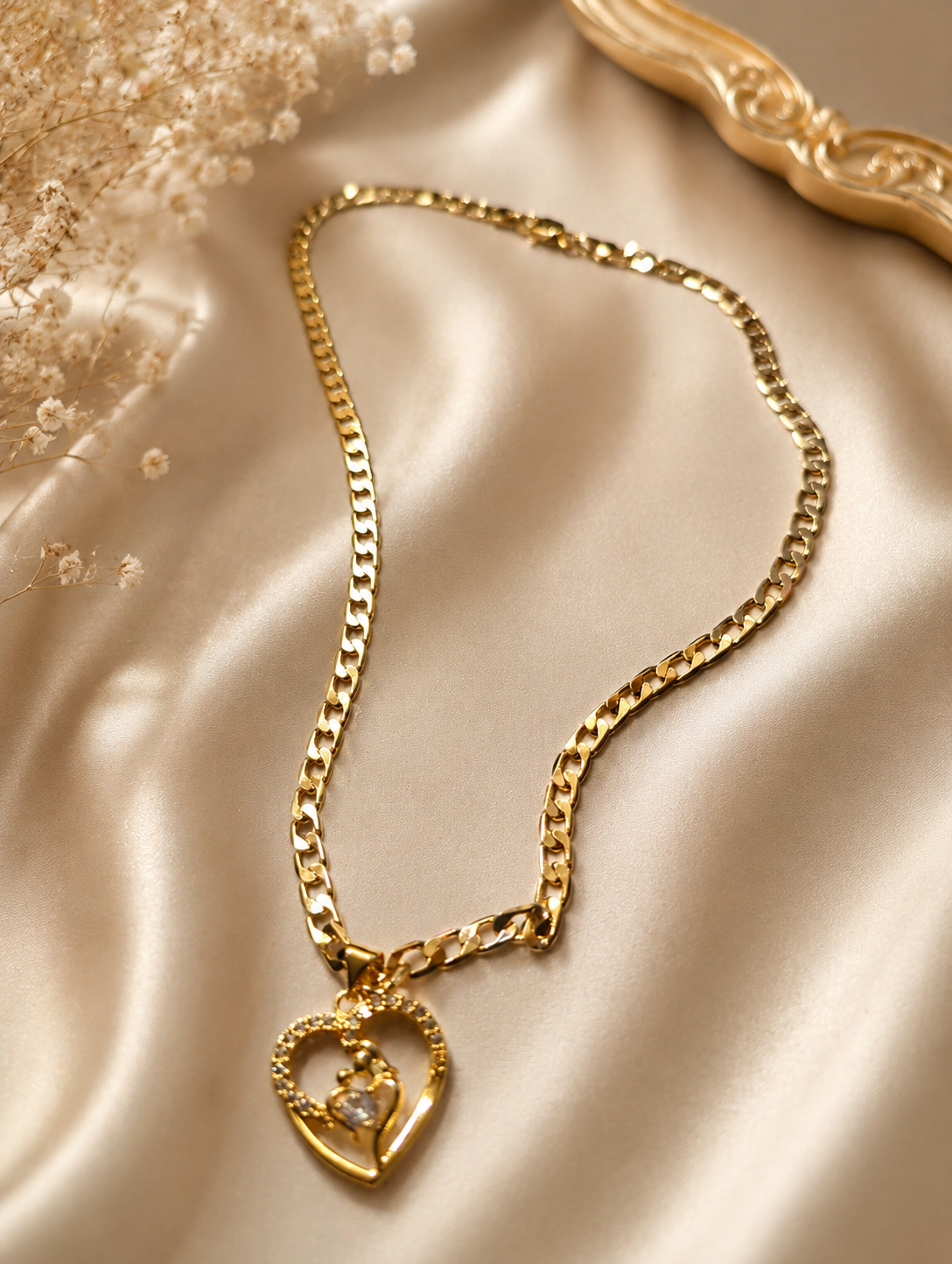 Gold Mother & Child Crystal Heart Necklace – Pavé Border Cuban Link Chain