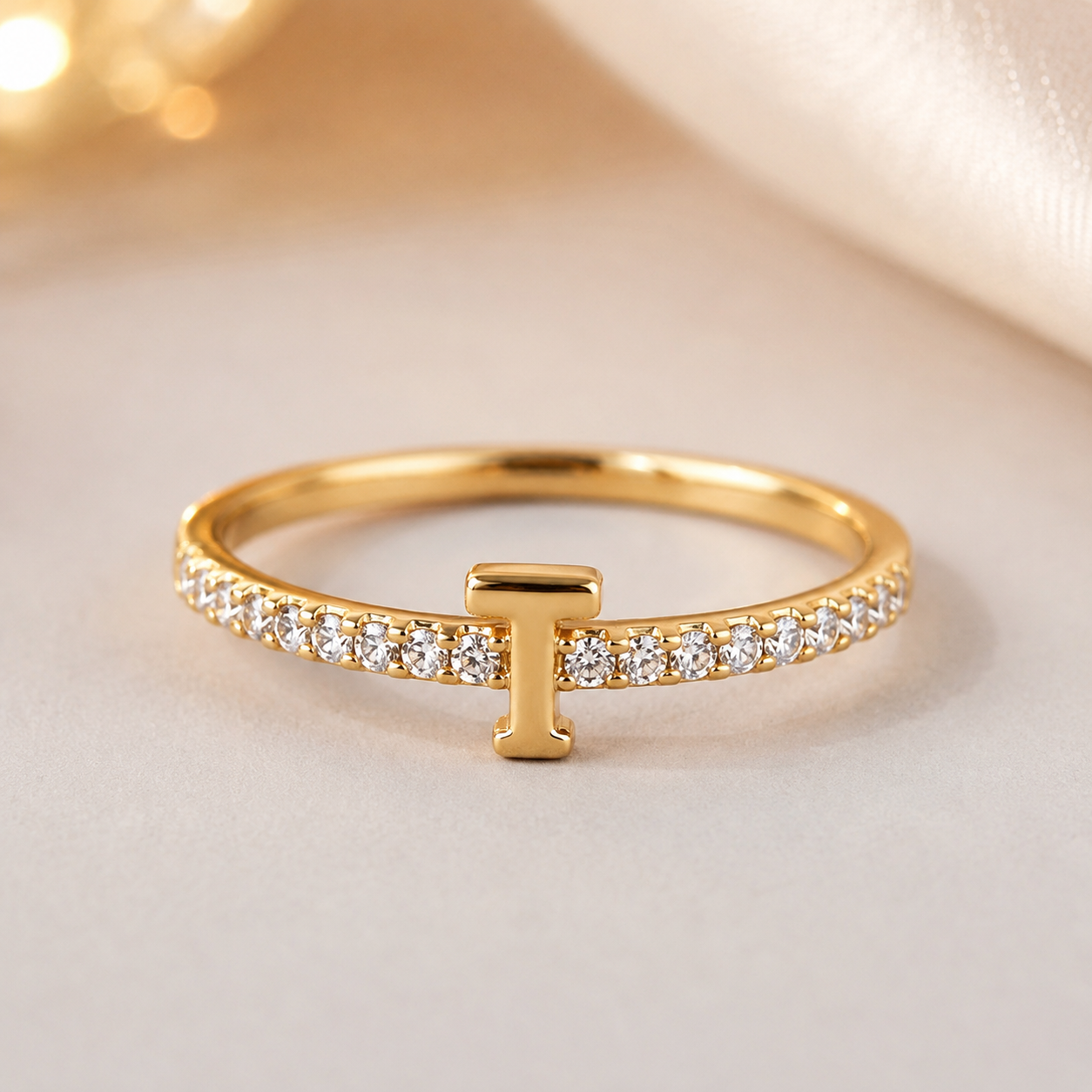 Gold Crystal T-Bar Ring – Minimalist Crystal Accent Statement Ring size 8
