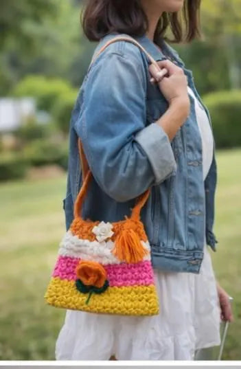Colorful Striped Crochet Handbag – Handmade Floral Boho Purse